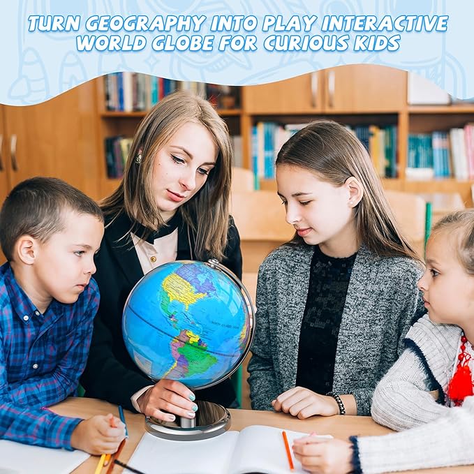 Illuminated World Globe for Children – 8" Globe Lamp with World Map for Kids, Stable Heavy Metal Base, Interactive STEM Learning Gift & Night Light