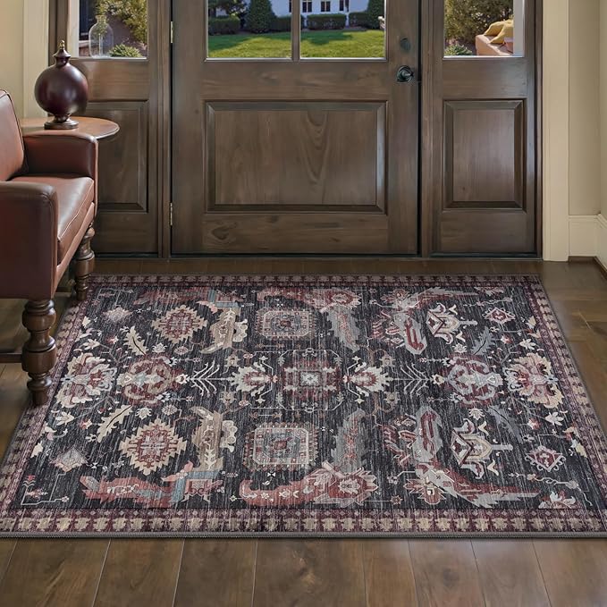 Ciicool Washable Vintage Area Rug, 2x3ft Small Boho Rug, Ultra Soft Rugs for Entryway, Non-Slip Entry Rugs Oriental Low-Pile Indoor Mat Floor Carpet for Entrance Bedroom Kitchen Bathroom Foyer Decor