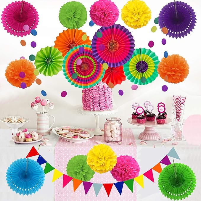 ZERODECO Party Decoration, 21 Pcs Multi-color Hanging Paper Fans, Pom Poms Flowers, Garlands String Polka Dot and Triangle Bunting Flags for Birthday Parties, Wedding Décor, Fiesta or Mexican Party