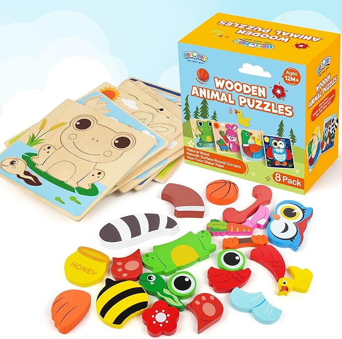 BenBen Wooden Puzzles for Toddlers 1-3, 8 Pack Animal Puzzles for Toddlers 2-4, Montessori Toys for 1 2 3 Year Old Boys Girls, Learning Educational Preschool Toys