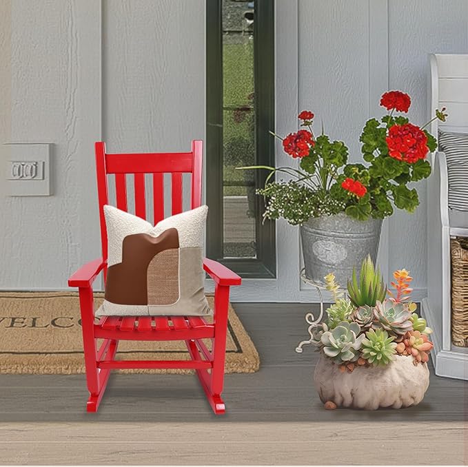 Kids Rocking Chair for Toddlers and Children Comfy Recliner Wooden Rocker for Baby Girls Outdoor Lounge Chair for Kids Age 6-10 Indoor Christmas Gift Red