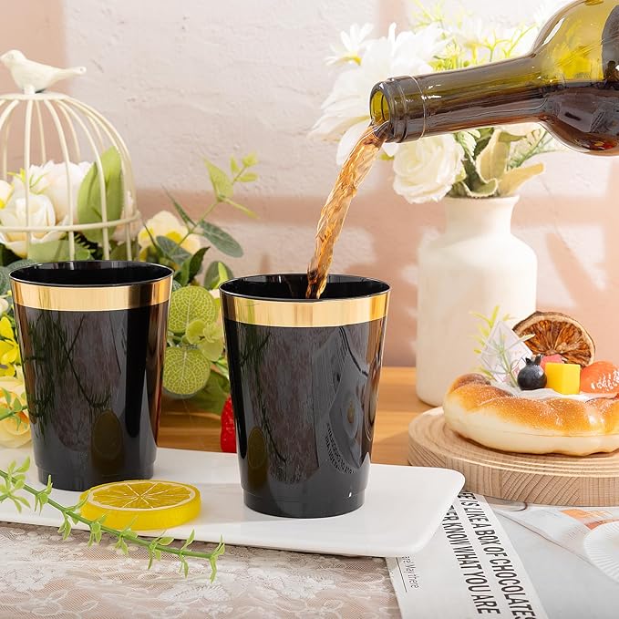 supernal 100pcs Black and Gold Plastic Cups 10oz Disposable Cups with Gold Rim, Elegant Black Plastic Cocktail Glasses for Wedding, Birthday, Halloween, Christmas & Thanksgiving Parties