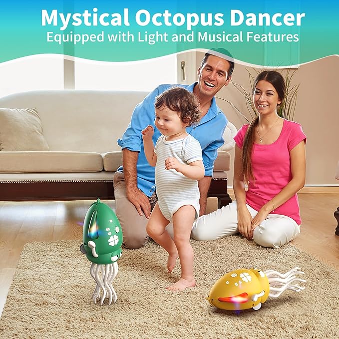 Interactive Dancing Octopus Toy, LED Light-Up Music Crawling Squid with Smart Obstacle Avoidance & Fishing Rod,Tummy Time Baby Toy, Musical Toy for 3 4 5 6 Year Old Boys and Girls(Sky Blue)