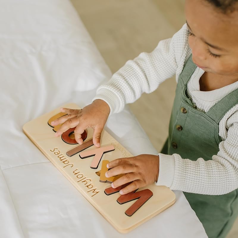 Personalized Wooden Name Puzzle for Kids, Handmade in USA by Bloom Owl, Upper and Lowercase, Custom Baby Gifts for Boys and Girls, Easter or First Birthday, Montessori Toys for Toddlers 1-3