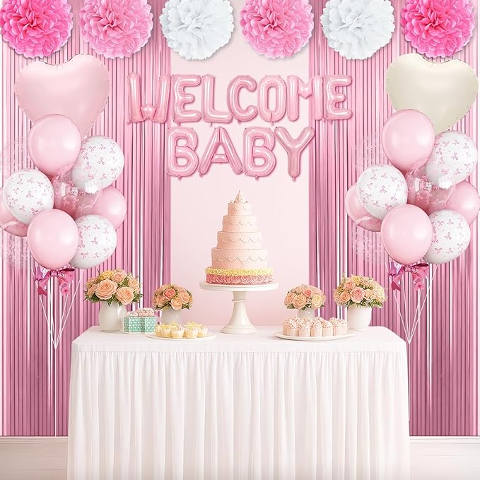 Pink Baby Shower Decorations for Girl,Welcome Baby Balloon Banner with Coquette Pink White Bow Balloons Fringe Curtains Paper Pom Poms for Baby Shower Gender Reveal Party Supplies