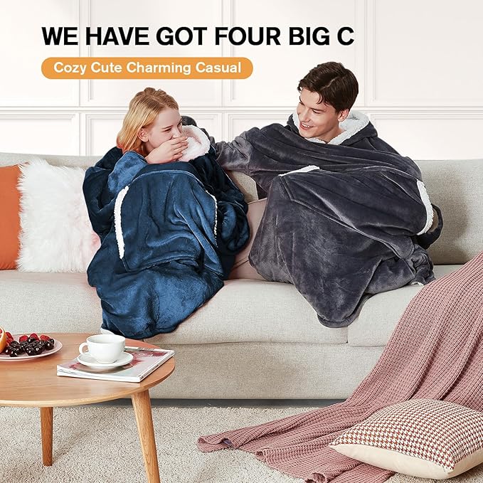yescool Wearable Blanket Hoodie, Flannel Sherpa Fleece Blanket Sweatshirt for Adults Women Men, Big Plush Cozy Hooded Blanket with Hood, Pocket & Sleeves, Large, One Size Fits All (Navy Blue)