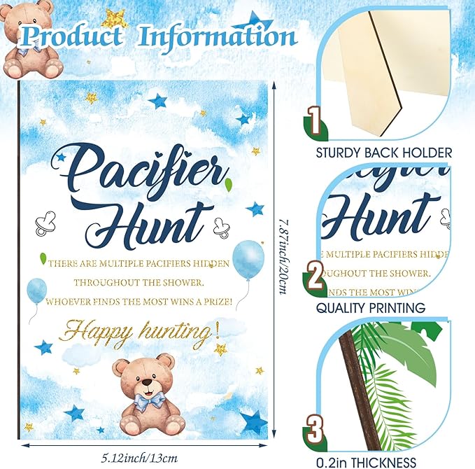 Thyle 51 Pcs Pacifier Hunt Baby Shower Games Include Hunt Sign and 50 Acrylic Pacifiers for Baby Shower Game Decoration Gift Sets Gender Reveal Party Decor(Blue Bear)