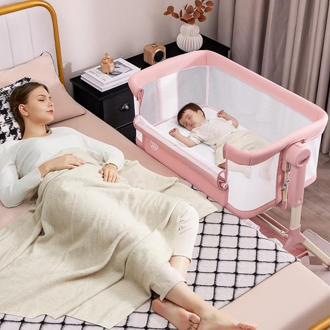 BABY JOY Bassinet, 3 in 1 Rocking Bedside Bassinet w/Storage Basket, Universal Wheels, Adjustable Height, Mattress, Net & Portable Bag, Carriable Crib Baby Bassinets Bedside Sleeper (Pink)