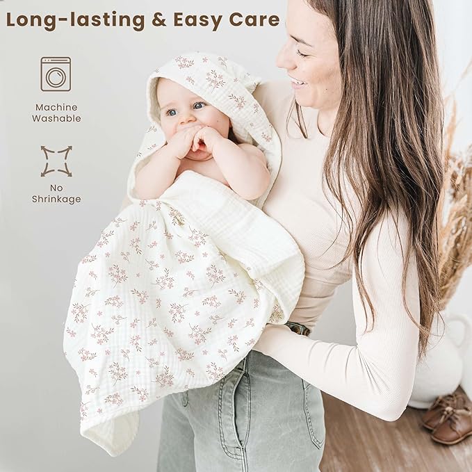Konssy 2-Pack Muslin Hooded Baby Towels, 100% Cotton, Ultra-Soft & Absorbent Baby Bath Towels with Hood for Newborn & Infant (Taupe,Soft Blooms,30" x 30")