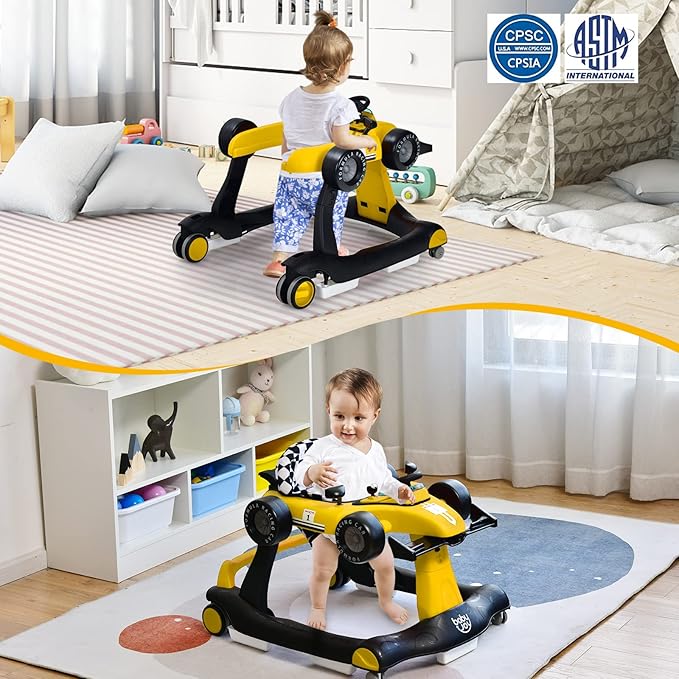 HOMGX Baby Walker with Wheels, Convertible Baby Push Walker & Race Car Mode, Infant Activity Center with Music Box, 3 Heights & 2 Speeds, Foldable Walkers for 6-18 Months (Yellow)