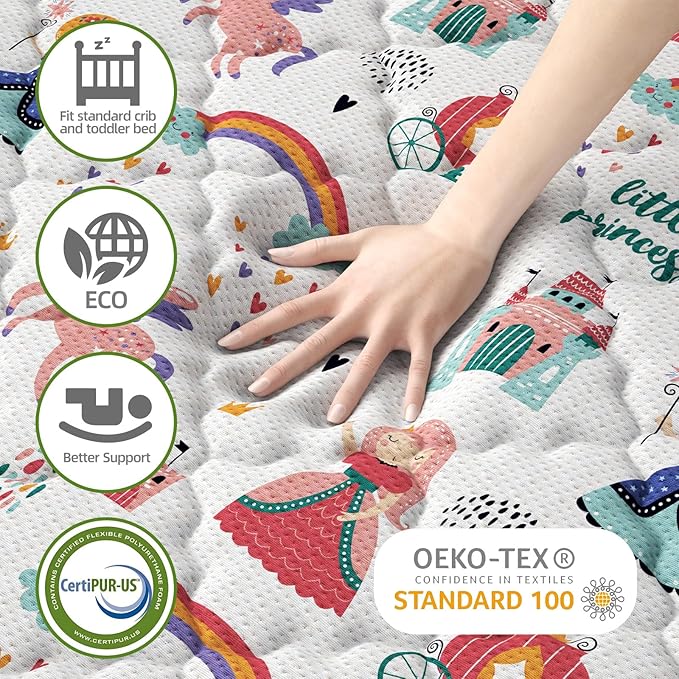 5" Crib & Toddler Mattress, 52x27.5 Breathable Knitted Fabric Cover, CertiPUR-US Certified Foam, Edge Reinforcement, Fits Standard Size Crib and Toddler Bed, Princess