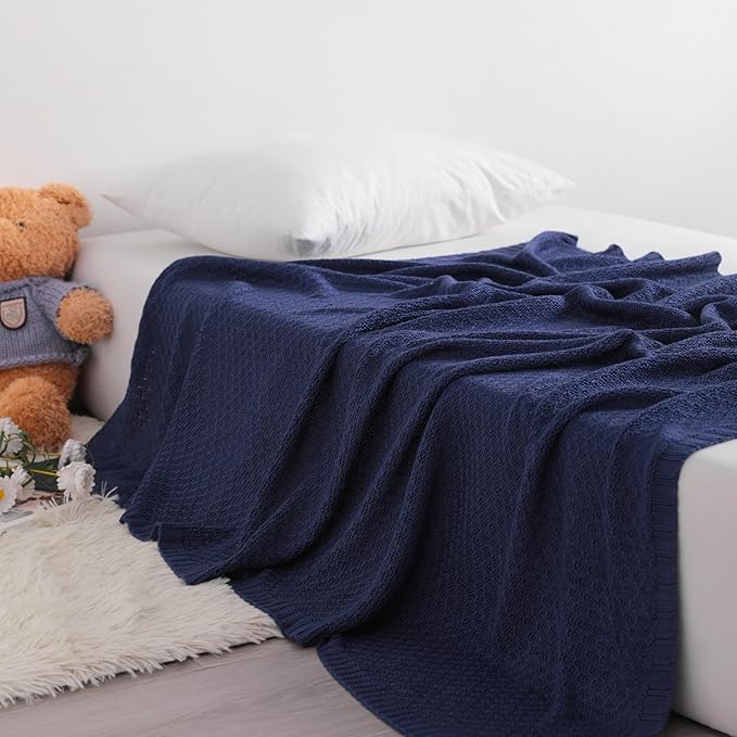 NTBAY Cable Knit Cooling Toddler Blanket, Soft and Breathable Baby Blanket 30x40 Inches Made from Rayon Derived from Bamboo for Crib, Stroller, Nursery, Navy Blue
