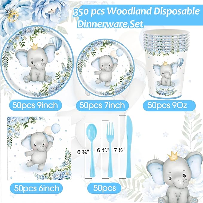 Elephant Baby Boy Shower Party Supplies - 350pcs Blue Elephant Party Decorations Paper Plates Napkins Cups and Utensils Tableware Sets Blue Floral Theme Birthday Party Tableware Set