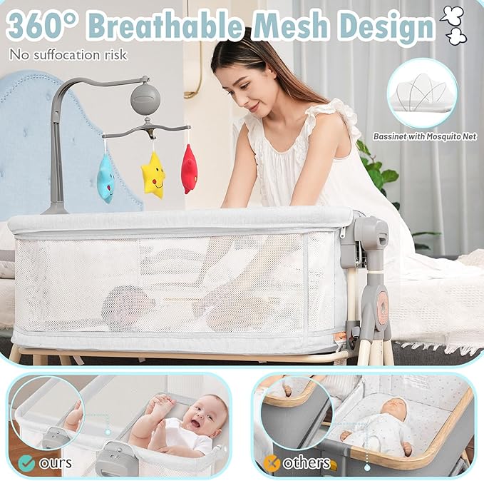 Rocking Baby Bassinet, Bedside Bassinet for Baby, 3 in 1 Bedside Sleeper with Musical Toys, Storage Basket and Wheels, Adjustable Bedside Crib for Newborn, White