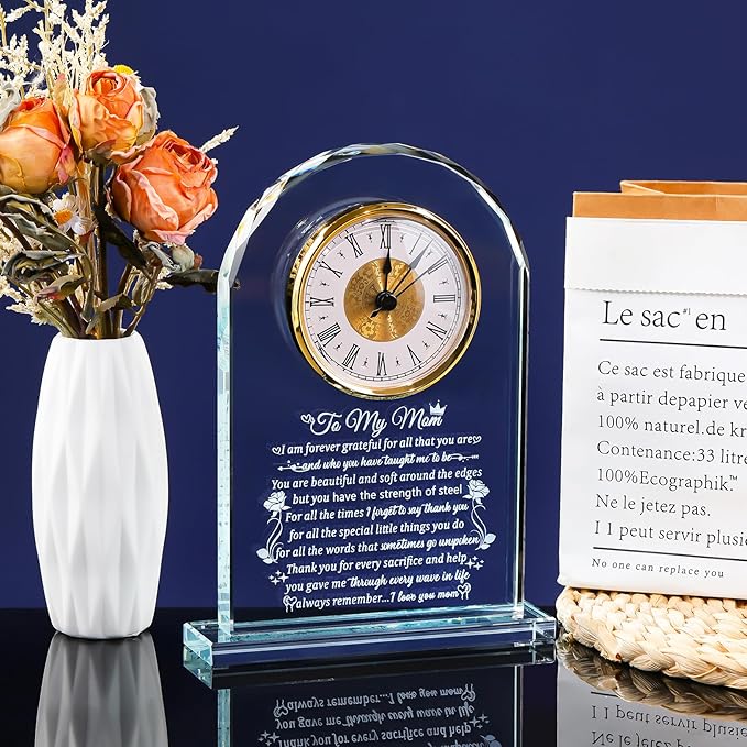 Crystal Desk Clock Gifts for Mom from Daughter Son Birthday Mother's Day I Love You Presents for Mommy Home Christmas Keepsakes for Her Table Decor