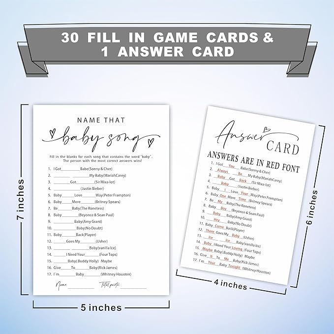 Name That Baby Song - Baby Shower Game Set - Minimalism Ivory - 30 Double-Sided Fill In Style Game Cards With Answer Cards, Gender Reveal, Baby Announcement, Party Favor & Supplies - B05