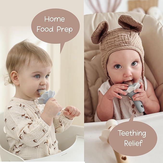 Moonkie Baby Fruit Feeder, BPA Free Silicone Food Feeder for Infant Self Feeding, Baby Shower Gifts for Teething Relief, Baby Feeding Essentials 4 Months+, Two Pouches, 2 Pack