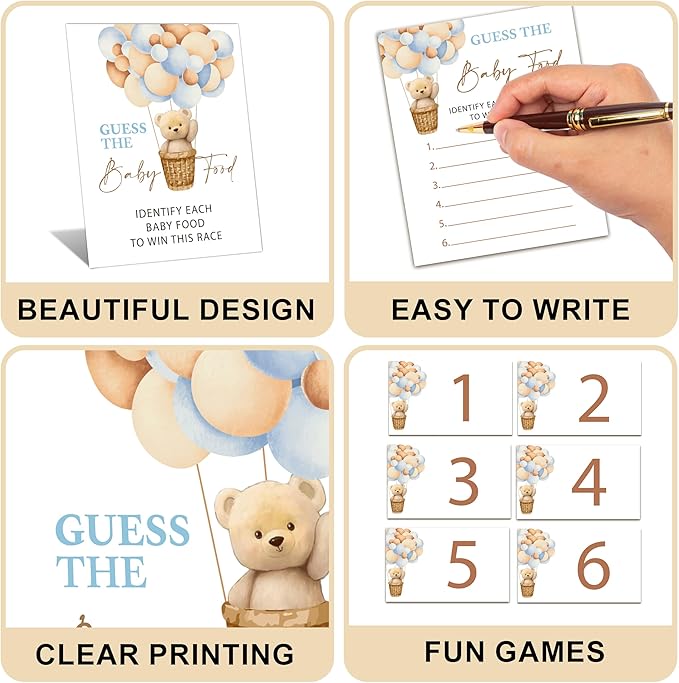 Guess the Baby Food Baby Shower Game - 8x10 INCHES Sign, 25 Answer Cards, 6 Number Cards, We Can Bearly Wait Party Supplies - F04