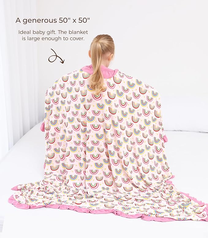 Premium Baby Blanket for Girls, Stretchy Quilt, Soft Crib Bedding for Newborn Baby and Toddler, Ruffle Nursery Blanket for Kids, Viscose Made from Bamboo, 50''x50'' Rainbow