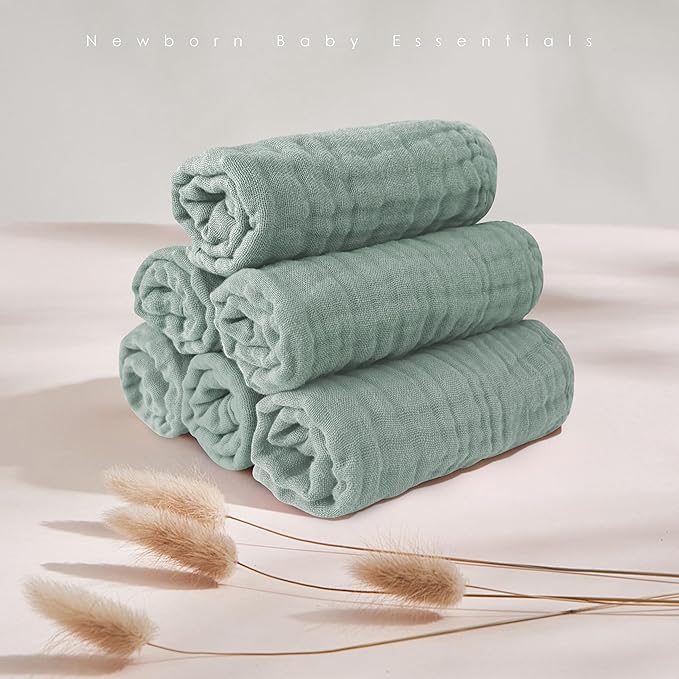 MOON PARK Baby Washcloths, 12 Pack - 12x12 Inches, Small Burp Cloths and Baby Wipes - 100% Cotton Muslin Ultra Soft for Newborn, Infant and Toddlers - Green