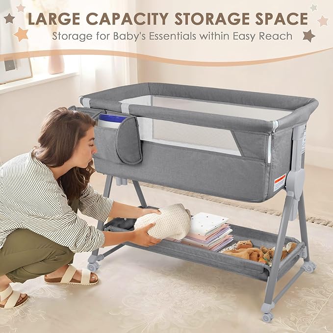 BIERUM Baby Bassinet for Baby - 7 Height Adjustable Bedside Bassinet with Lockable Wheels, Easy to Assemble Portable Bedside Crib with Large Storage Bag & Mattress for Newborn/Infant