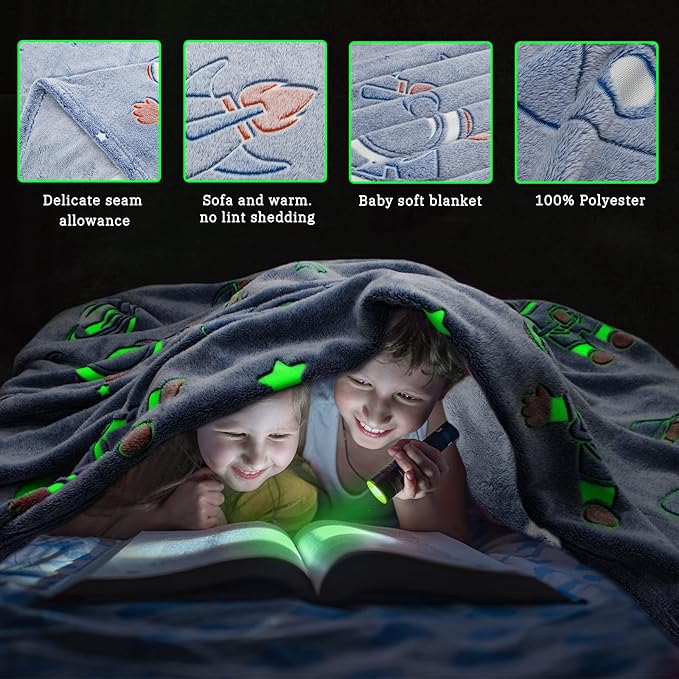 Glow in The Dark Blanket Stars Throw Blanket Birthday Gifts for Kids Soft Cozy Space Decor Blankets for Couch Bed Sofa Unique Gifts for Boys Girls Teens Planet Blanket 50"x60"