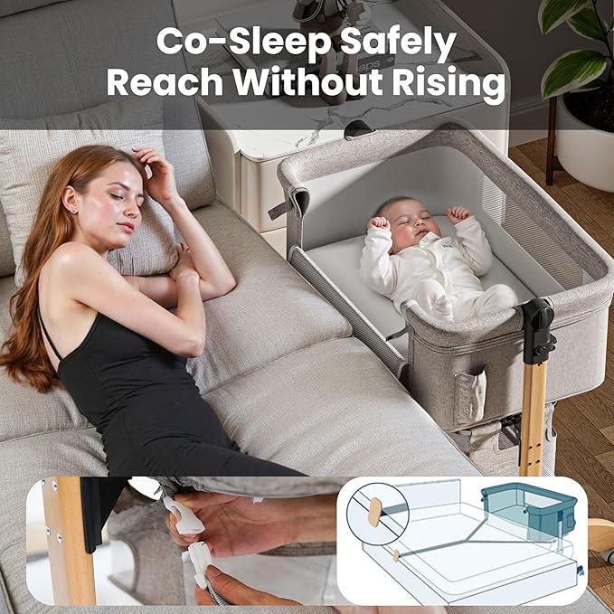 Baby Bassinet, Bedside Bassinet for Baby, 3 in 1 Adjustable Height Bedside Sleeper with Wheels, Breathable Mesh, Easy Folding Portable Crib, Rocking Mode & Storage Basket for Newborn Infants