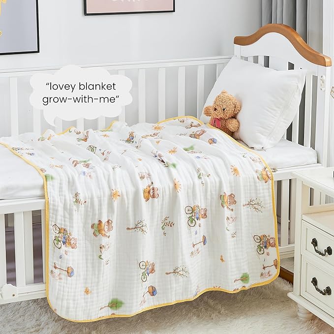 Luxury Muslin Baby Blanket, Cozy Swaddle, 6-Layer Cotton Receiving Blanket for Newborn Infant, 43x43 Inch Lightweight Breathable Crib Blanket, Nursery Stroller Toddler Quilt, Bear Print