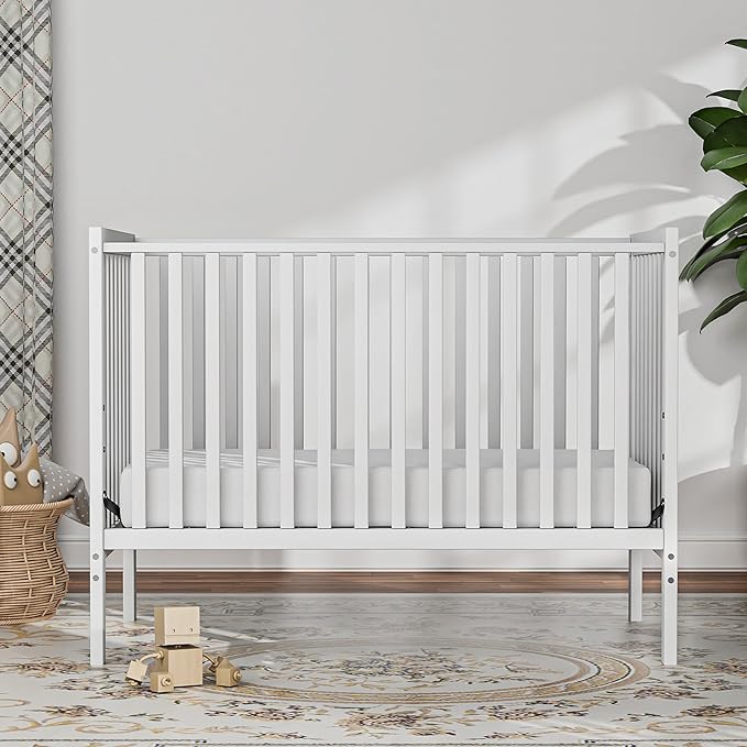 Baby Crib 5-in-1 Convertible, Wood Full Size Toddler Bed for Small Baby, Made of Sustainable Natural Pinewood Cribs, Non-Toxic Finish, Simplistic Nursery Furniture (White)