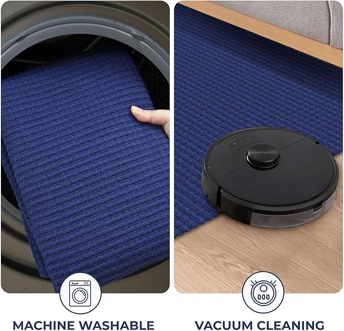KOZYFLY Washable Area Rug 5x7 ft Rubber Backed Non Slip Rugs for Living Room Braided Cotton Bedroom Rug Woven Office Rugs Indoor Floor Carpets for Dining Bedroom Living Room, Royal Blue/Navy