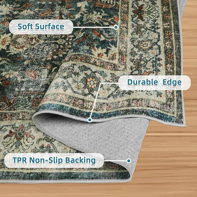 Dripex Hallway Runner Rug 2x10, Washable Rug Kitchen Rug Non Slip with Rubber Backing Soft Thin Vintage Carpet Runner for Entryway Bedroom Bathroom Laundry Room Living Room Decor, Blue/Green
