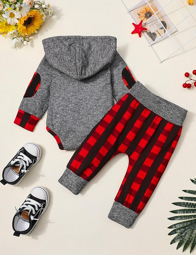 Fommy Newborn Baby Boy Clothes Plaid Letter Print Long Sleeve Hoodies + Long Pants 2PCS Fall Winter Outfits Set