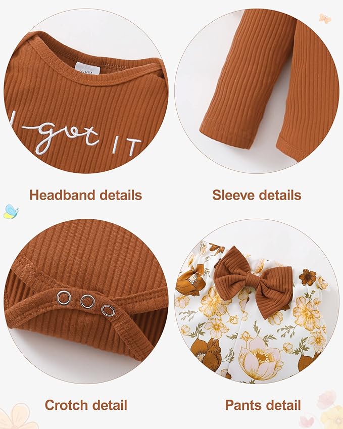 DISAUR Baby Girls Clothes Newborn Infant Baby Girls Outfit Long Sleeve Ruffle Romper Floral Pants Headband Sets 0-18 Months