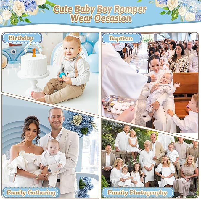 Booulfi Baptism Christening Outfits for Boys Easter White Romper Baby Romper Church Newborn Clothes