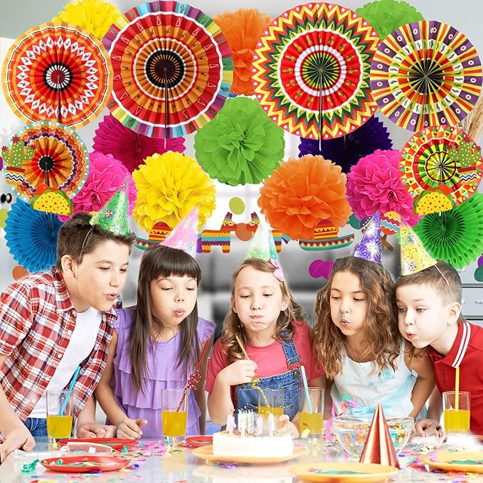 ZERODECO Fiesta Mexican Party Decorations, 21 Pcs Multi-color Paper Fans, Pom Poms Flowers for Cinco De Mayo Taco Themed Birthday Party Supplies