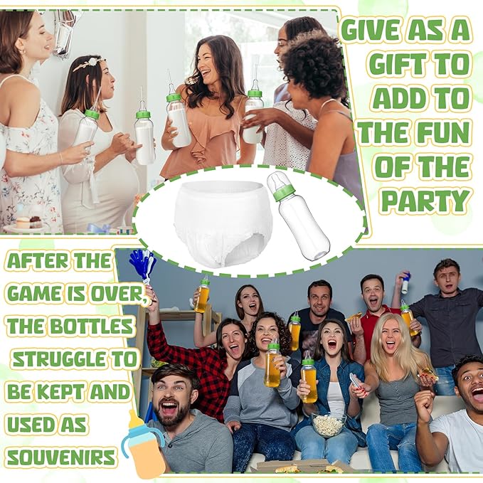 Hushee 12 Sets Funny Plastic Bottle Chug Baby Shower Games Diaper Baby Shower Game Gender Reveal Race Gifts Decoration for Adults Boys Girls (Green)