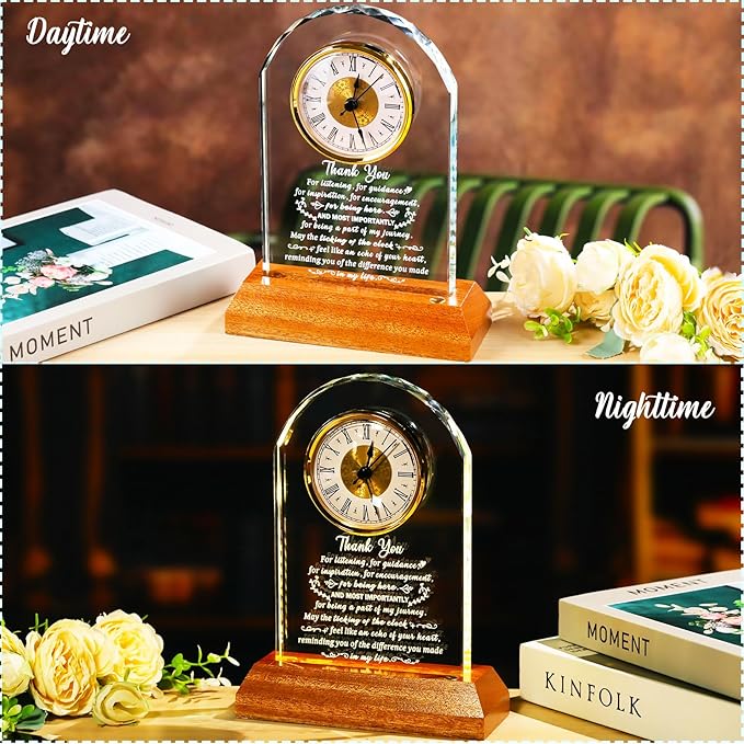 Thank You Gifts for Women Men, Appreciation Clock Gift for Coworkers Friends Teachers with Wooden Light Base, Inspirational Presents for Family Office Desk Clock Decor