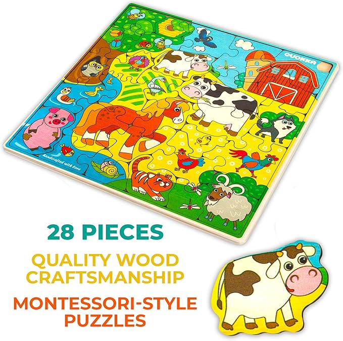 QUOKKA Wooden Farm Puzzles for Kids Ages 3-5 – 28 Pieces Toddlers Kids Puzzles Ages 4-8 Year Olds | Wood Farm Toys for Children 6-8 yo