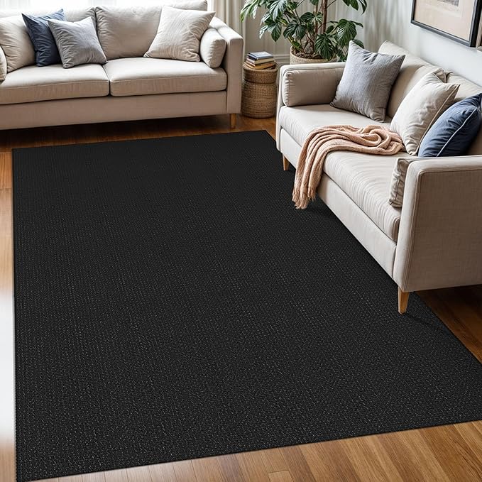 KOZYFLY Washable Area Rug 5x7 ft Rubber Backed Non Slip Rugs for Living Room Braided Cotton Bedroom Rug Woven Office Rugs Indoor Floor Carpets for Dining Bedroom Living Room, Black/Dark Grey