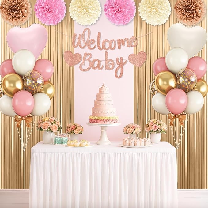 Dusty Pink Baby Shower Decorations for Girl,Welcome Baby Banner with Sand White Retro Pink Balloons Fringe Curtains Paper Pom Poms for Boho Baby Shower Gender Reveal Party Supplies