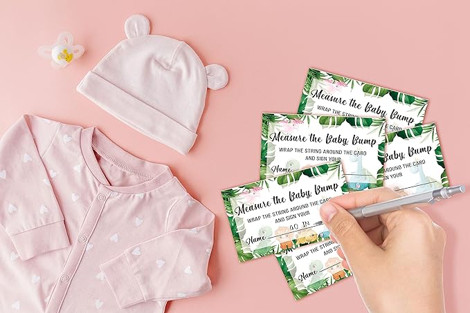 Baby Shower Game Set, Measure The Baby Bump(1 Standing Sign + 50 Find Cards), Safari Jungle How Big is Mommy's Belly Party Game, Dinosaur Baby Shower/Gender Reveal Party Favor Decor(A04)