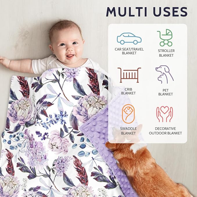 Purple Baby Blankets, Floral Minky Toddler Blanket for Boys Girls, Dotted Backing, Double Layer, Crib Receiving Blanket, for Nursery/Stroller/Toddler Bed/Carseat, 30 x 40 Inch