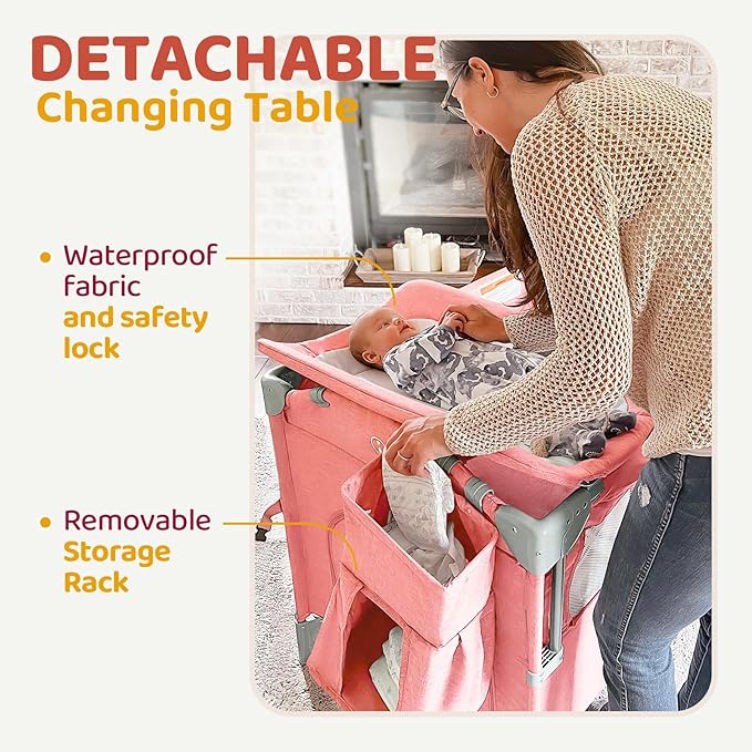 HARPPA Pack and Play 5 in 1, Portable Baby Playard for Travel, Baby Bassinet Bedside Sleeper with Mattress, Rolling Bassinet for Infant, Pack n Play with Changing Table, Bed Crib(Pink)