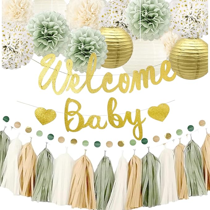 Baby Shower Decorations Sage Green&Gold for Boy or Girl- Welcome Baby Banner,PomPoms,Lanterns,Circle Dot& Tassels Hanging Garland Party Supplies-Safari Woodland Jungle Forest Boho Theme Neutral Gender