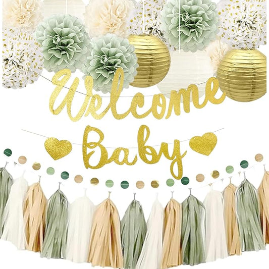 Baby Shower Decorations Sage Green&Gold for Boy or Girl- Welcome Baby Banner,PomPoms,Lanterns,Circle Dot& Tassels Hanging Garland Party Supplies-Safari Woodland Jungle Forest Boho Theme Neutral Gender