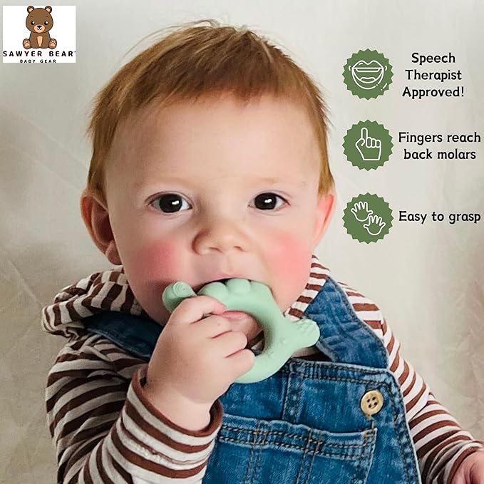 I Love You Silicone Hand Teether by Sawyer Bear Baby Gear, Teethers for Babies 3-6 Months, Soft Teething Toys 6-12 Months bpa Free, Massaging Teething Relief (Light Green)