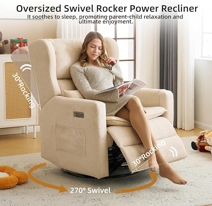 Oversized Swivel Rocker Recliner Chair, 26" Extra Wide Glider Nursery Chair with Adjustable Headrest, Chenille Power Recliner Rocking with Double Cushion, Cup Holder, Beige