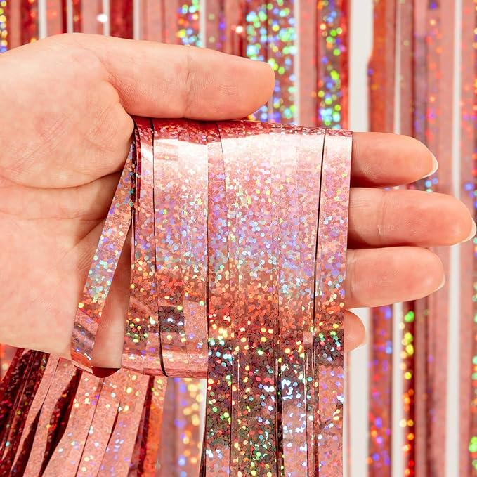 BRAVESHINE Rose-Gold Metallic Tinsel Backdrop - 2Pcs 3.2x8.2ft Metallic Tinsel Foil Fringe Curtains Photo Booth Streamers for 21-st Birthdays Bachelorette Engagement Bridal Shower Party Decorations