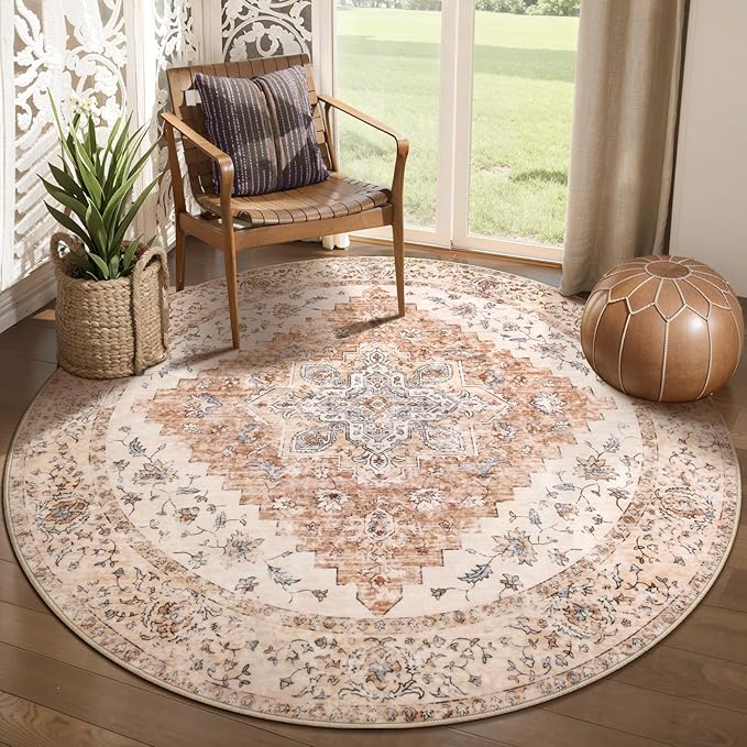 Ciicool Boho 5x5ft Round Area Rug Washable Bedroom Rug Non-Slip Oriental Entryway Throw Rug Low-Pile Indoor Carpet for Dining Room(Vintage Cream/Brick)