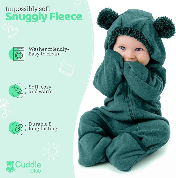 Cuddle Club Fleece Baby Bunting Bodysuit with Hood, Convertible Mittens & Booties, Car Seat Friendly, Soft & Warm, Easy Zip